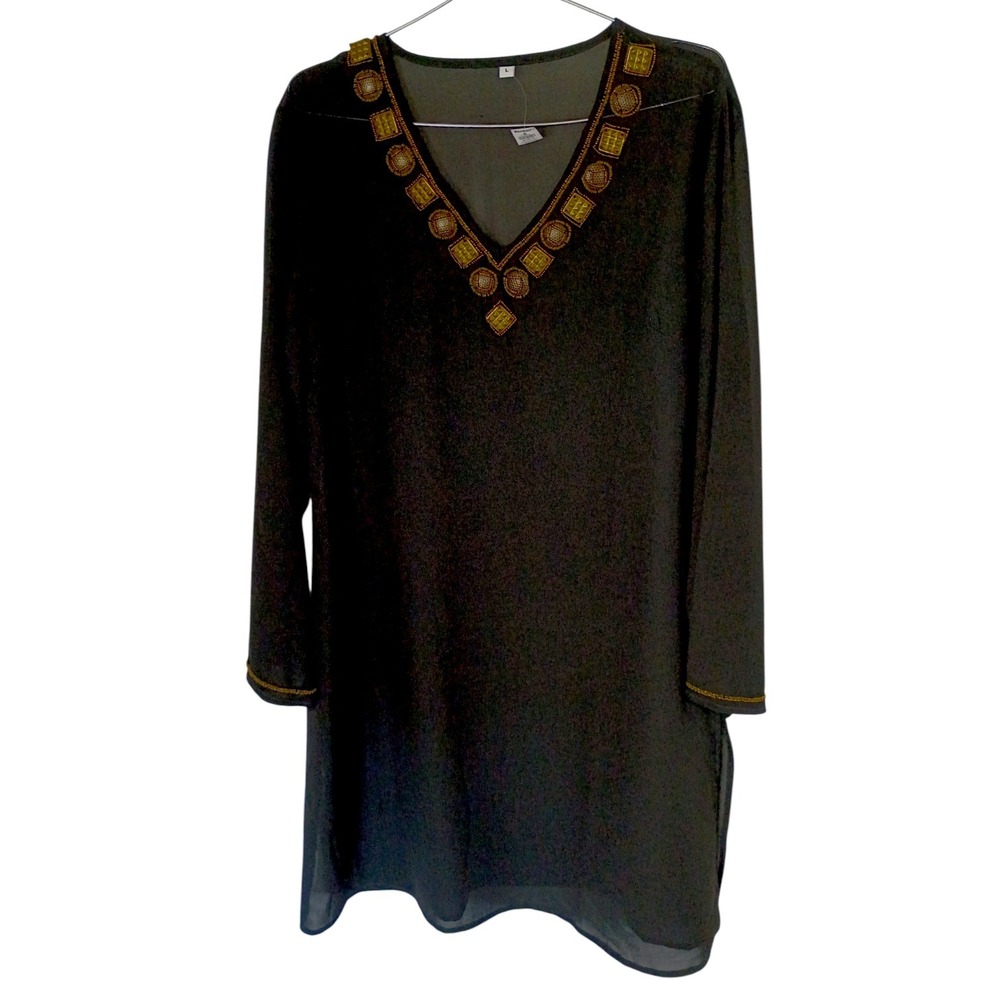 World Market Women Black Sheer Beaded Studded V-Neck Tunic Top Gold Accents L